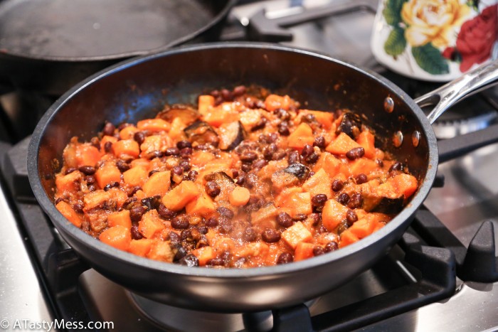 Black beans, sweet potato, carrot, and eggplant hash - so yummy! Via ATastyMess.com