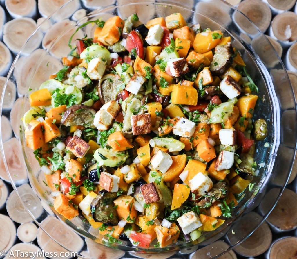 Roasted Vegetable Salad w/ Fried Nabulsi Cheese via ATastyMess.com