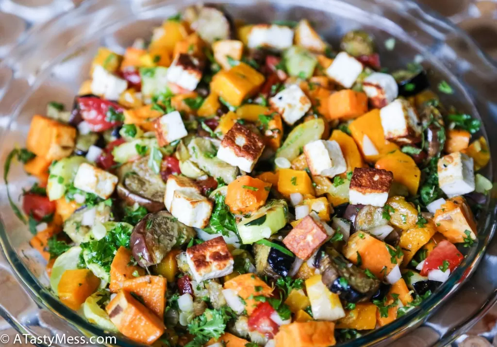 Roasted Vegetable Salad w/ Fried Nabulsi Cheese via ATastyMess.com