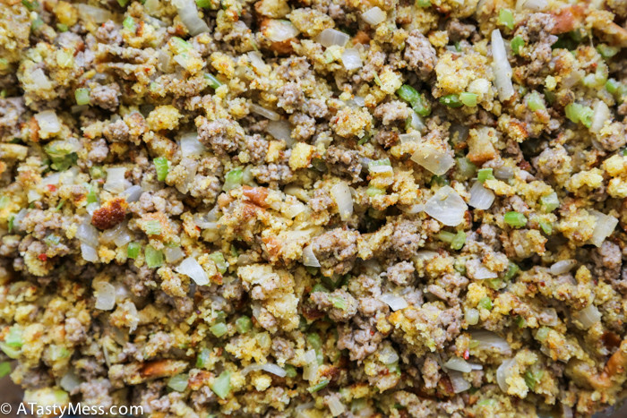 Sausage, sage, and cornbread stuffing via ATastyMess.com