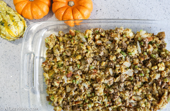 sausage, sage, and cornbread stuffing recipe via ATastyMess.com