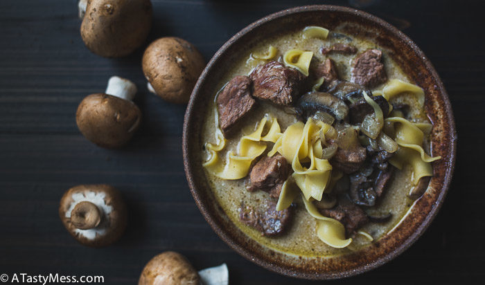 Slow Cooker Beef Stroganoff Recipe via ATastyMess.com